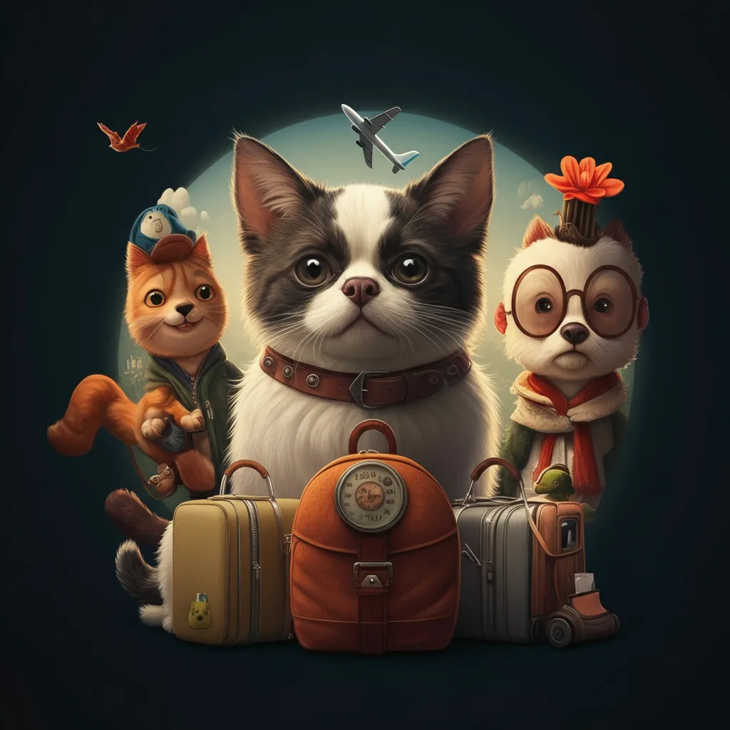 Ilustração de um gato, cachorro com avião e bolsa.
