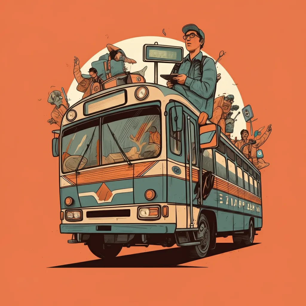 ilustração de um ônibus com pessoas em cima