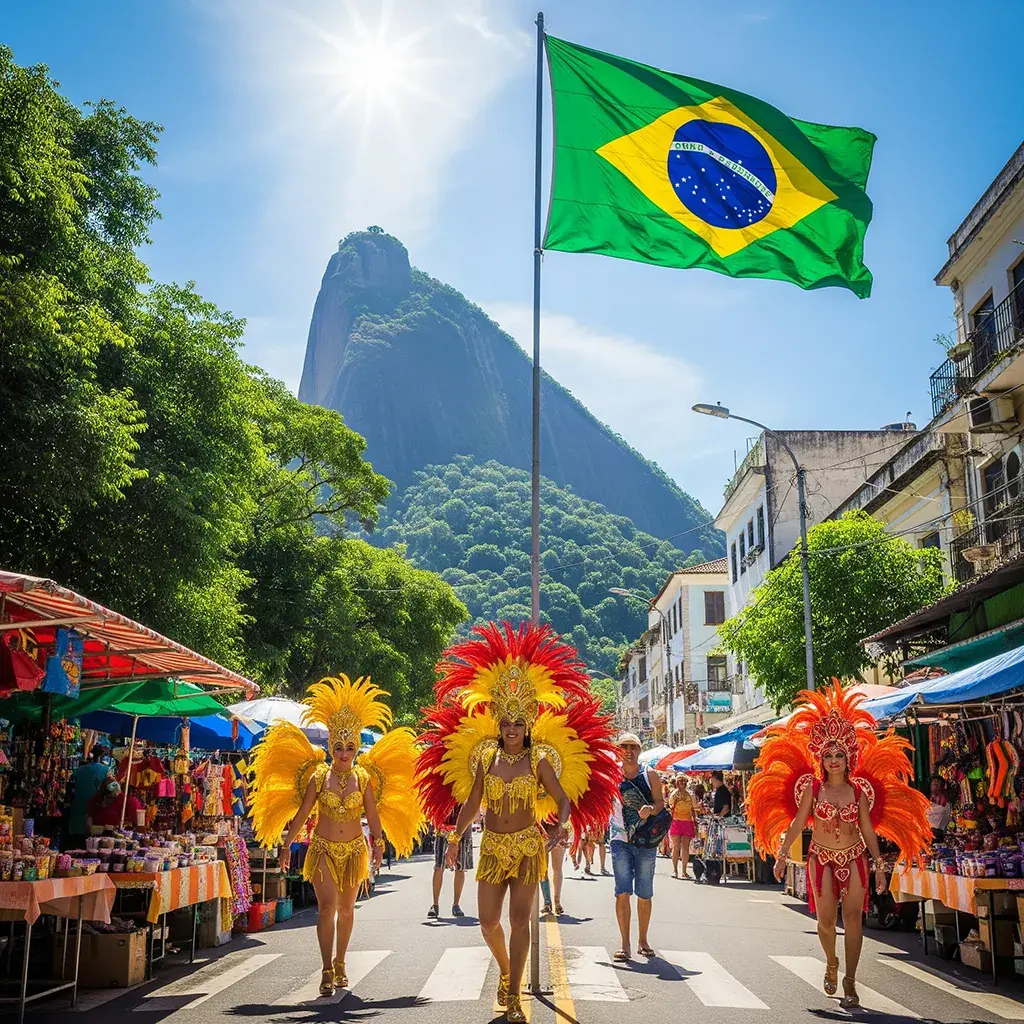 Desfile de carnaval em uma rua movimentada do Rio de Janeiro, com três dançarinas usando fantasias coloridas com penas vermelhas, amarelas e douradas. Ao fundo, há uma grande bandeira do Brasil tremulando e o Morro da Urca sob um céu azul com sol brilhante. Barracas de feira com produtos e enfeites coloridos ladeiam a rua, trazendo um clima vibrante e festivo.